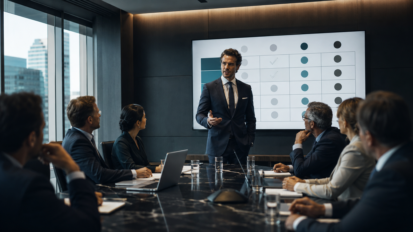 Sales trainer presenting competitive strategy to a business development team